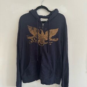 Vintage Ralph Lauren Denim & Supply Men's Navy Hoodie with Gold Eagle Design